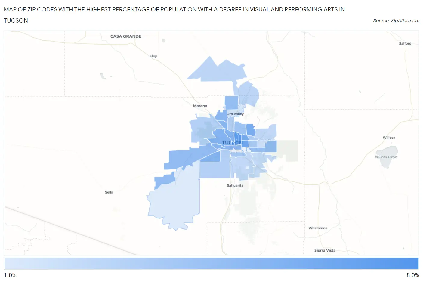 Zip Codes with the Highest Percentage of Population with a Degree in Visual and Performing Arts in Tucson Map
