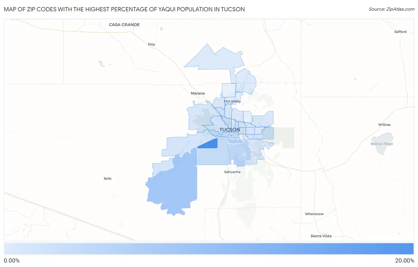 Zip Codes with the Highest Percentage of Yaqui Population in Tucson Map