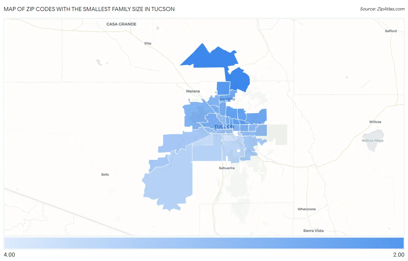 Zip Codes with the Smallest Family Size in Tucson Map