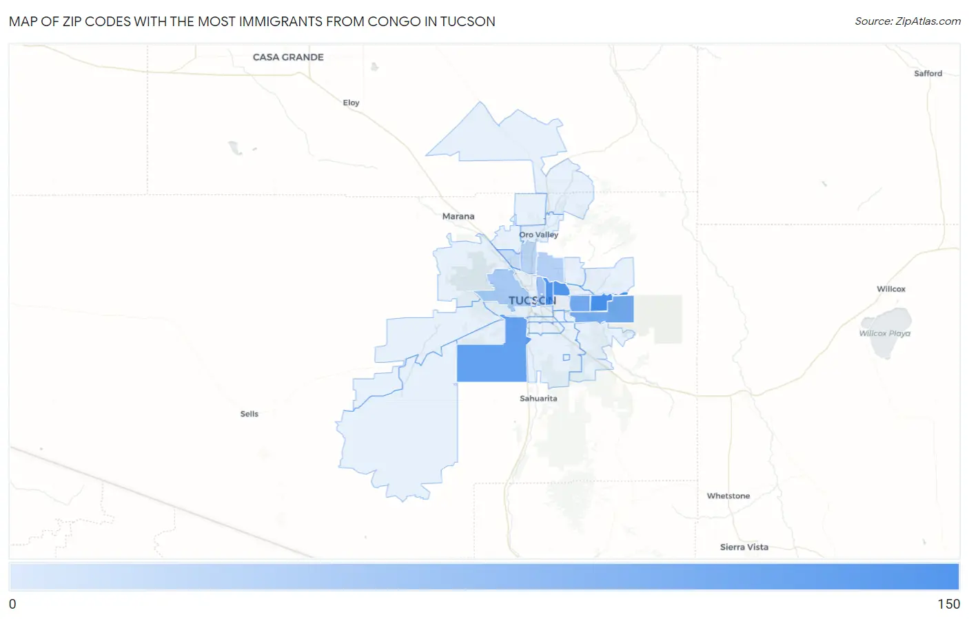 Zip Codes with the Most Immigrants from Congo in Tucson Map