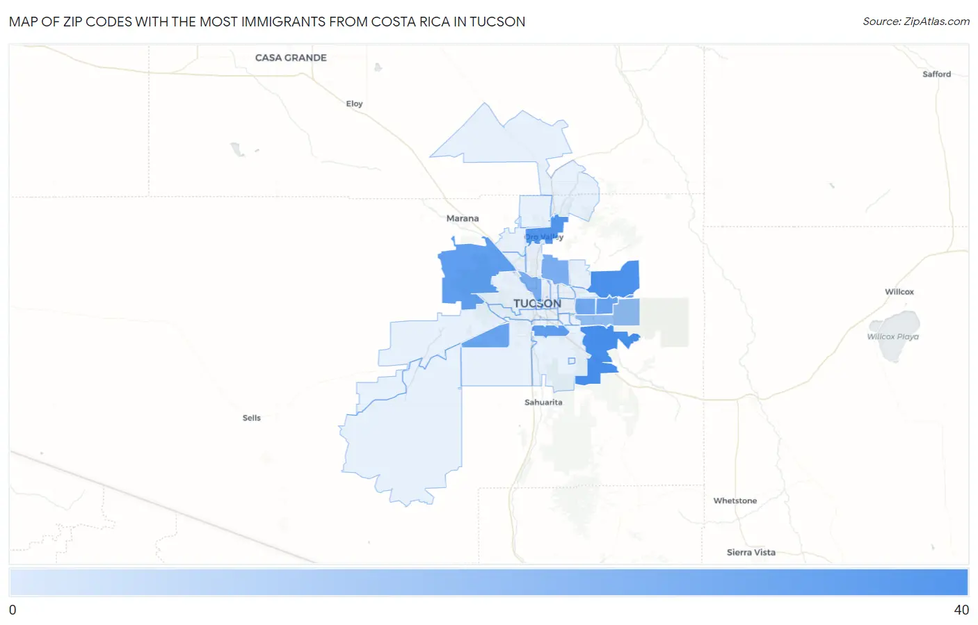 Zip Codes with the Most Immigrants from Costa Rica in Tucson Map