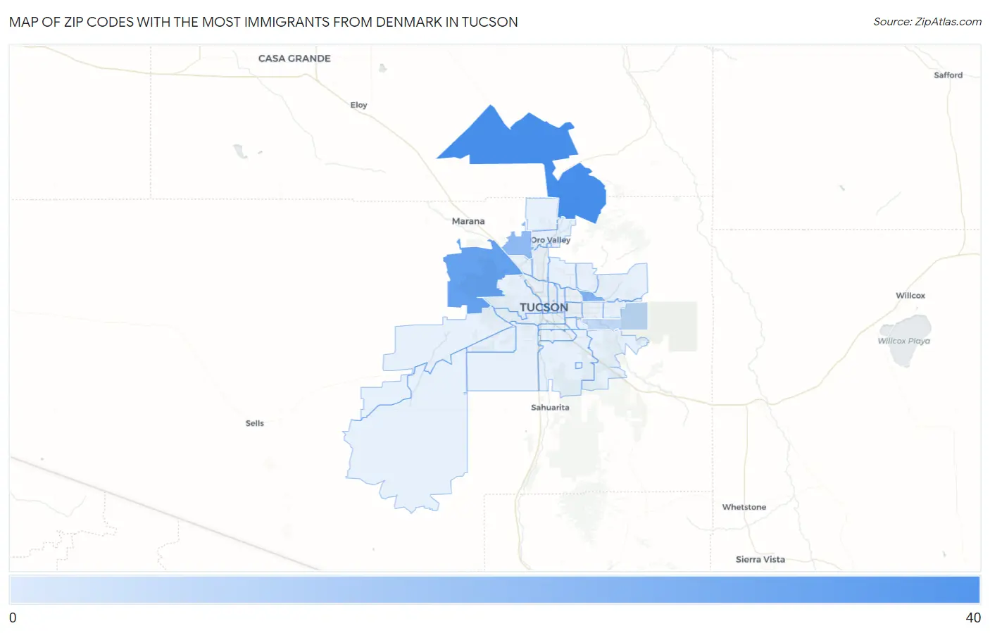 Zip Codes with the Most Immigrants from Denmark in Tucson Map
