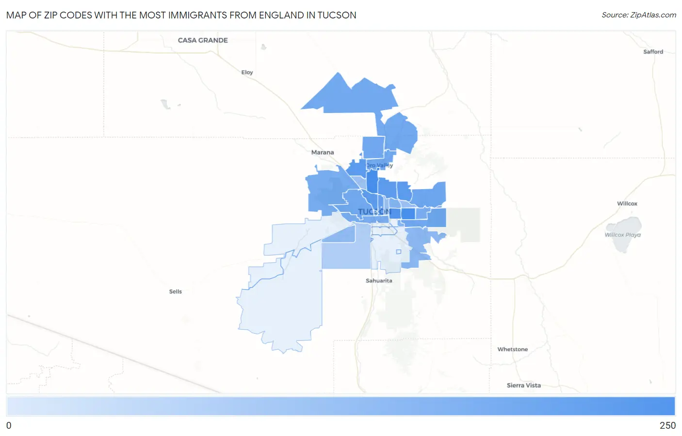 Zip Codes with the Most Immigrants from England in Tucson Map