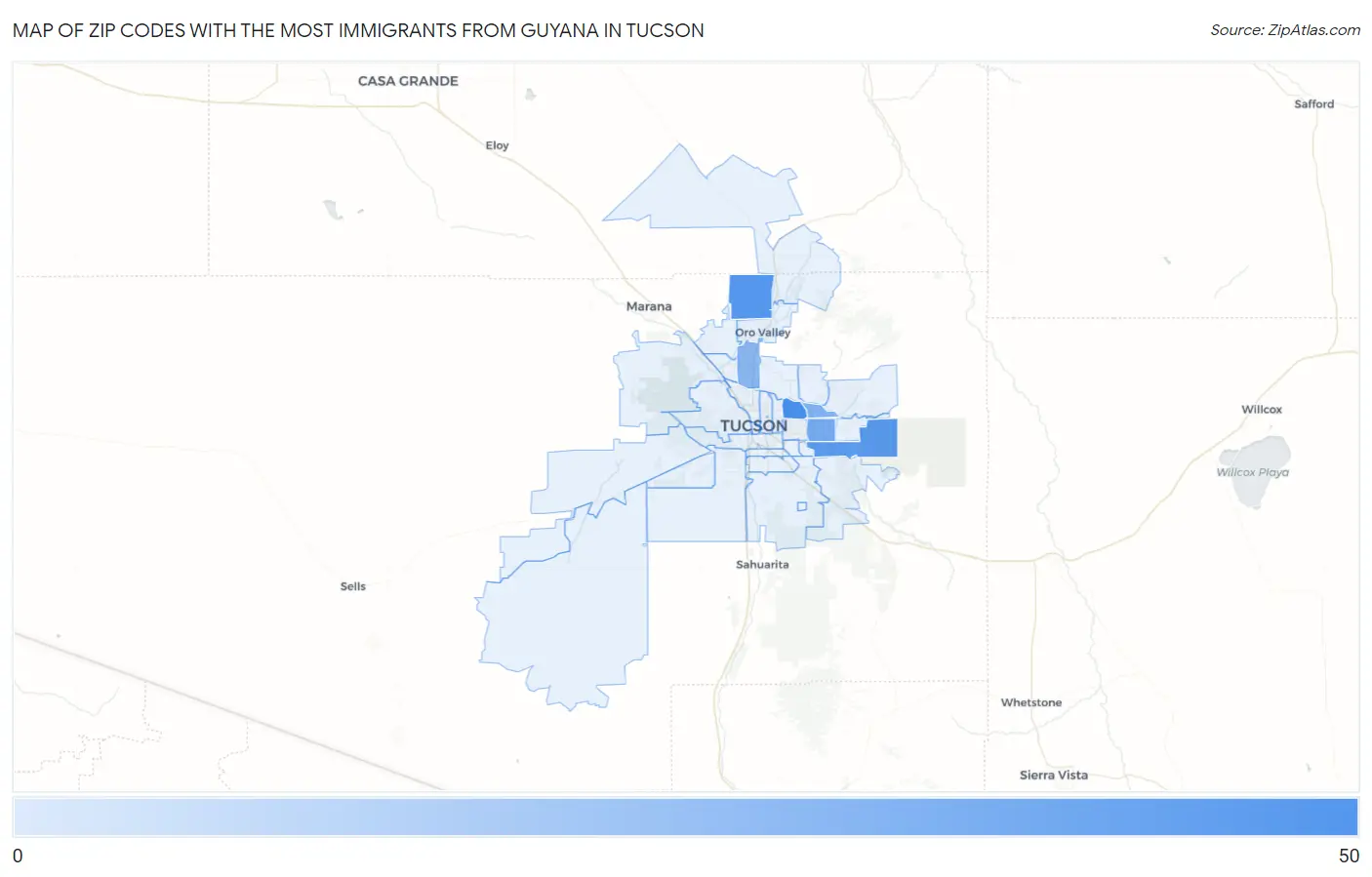 Zip Codes with the Most Immigrants from Guyana in Tucson Map