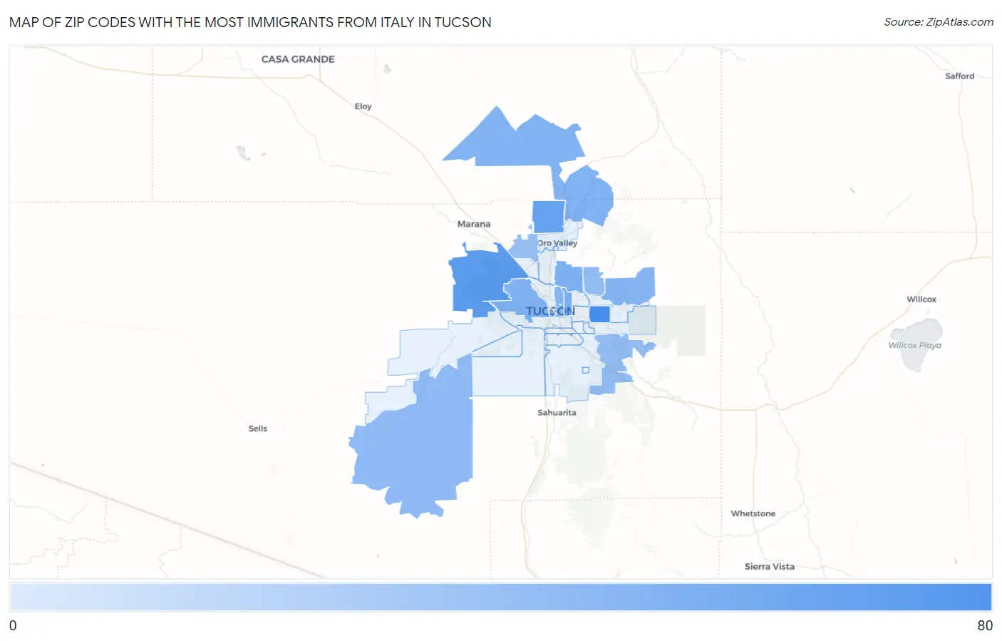 Zip Codes with the Most Immigrants from Italy in Tucson Map