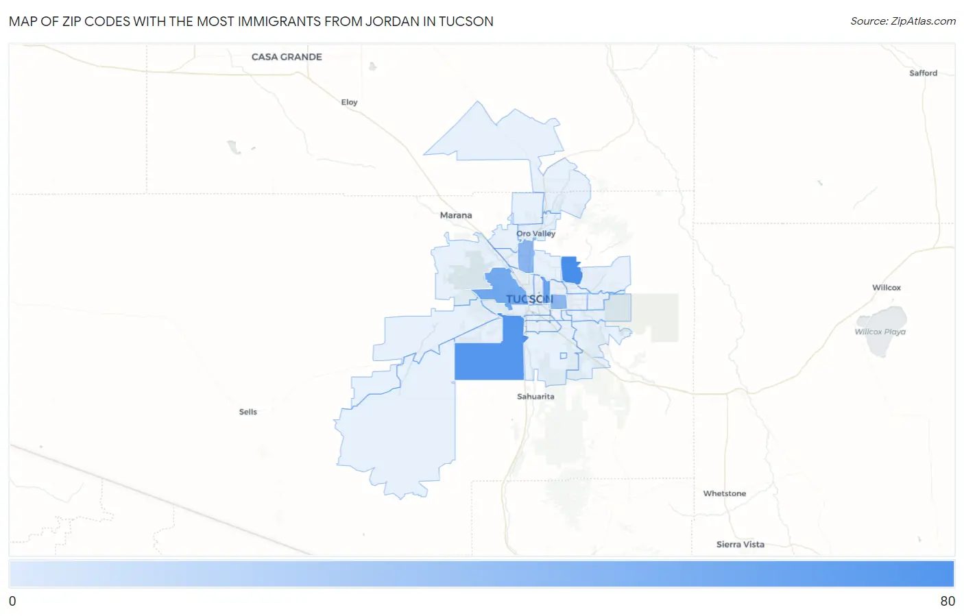 Zip Codes with the Most Immigrants from Jordan in Tucson Map