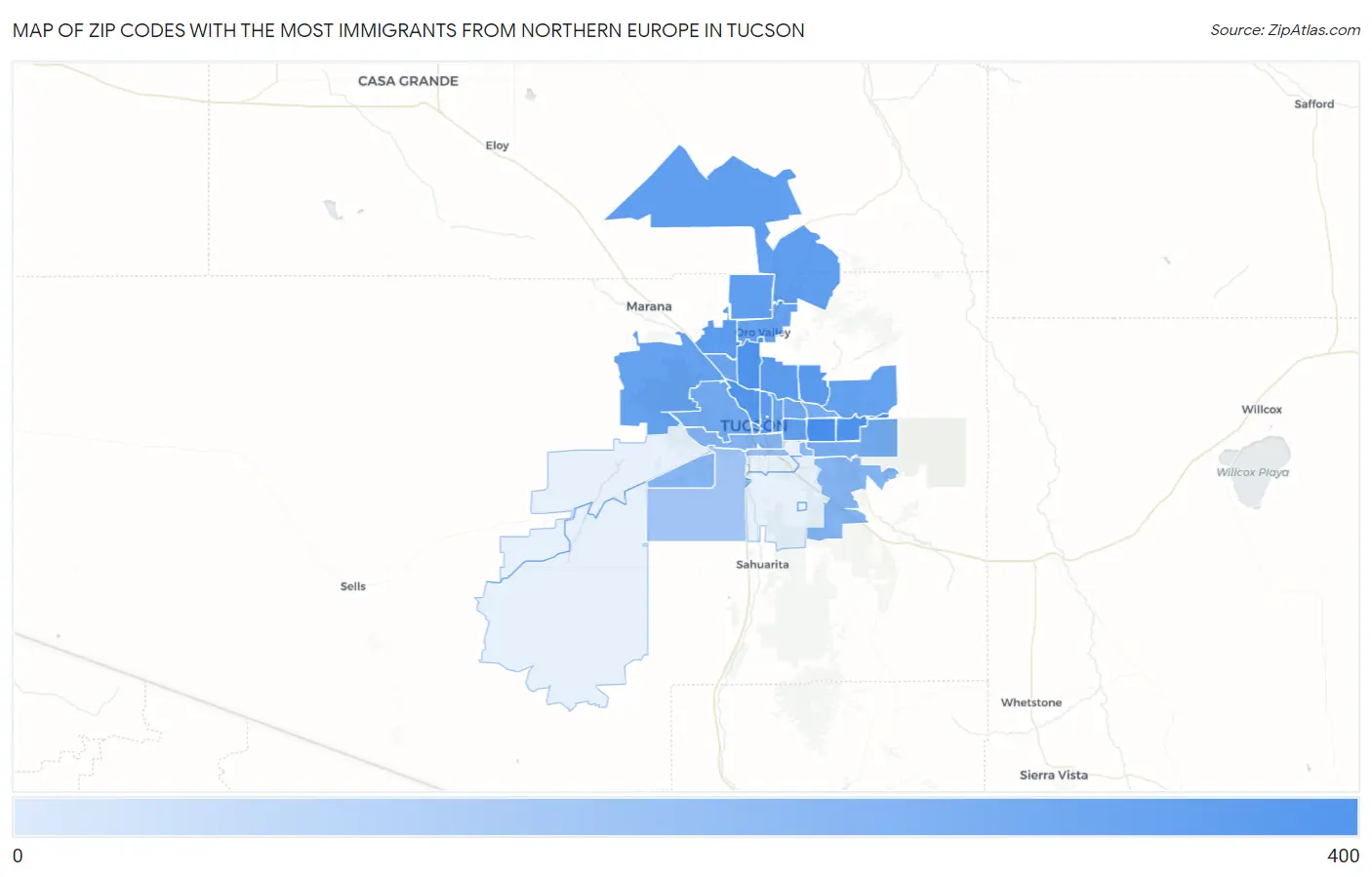 Zip Codes with the Most Immigrants from Northern Europe in Tucson Map