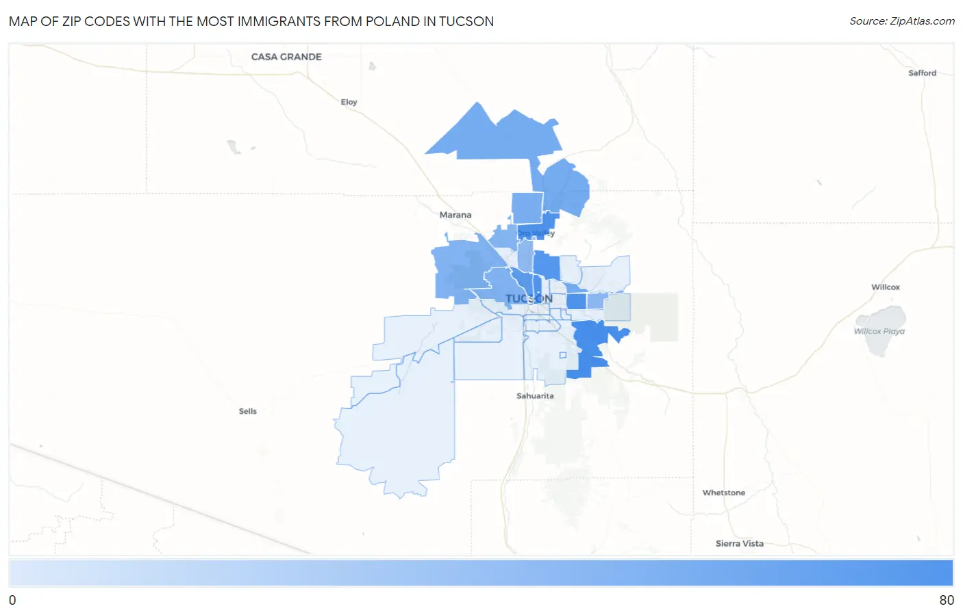Zip Codes with the Most Immigrants from Poland in Tucson Map
