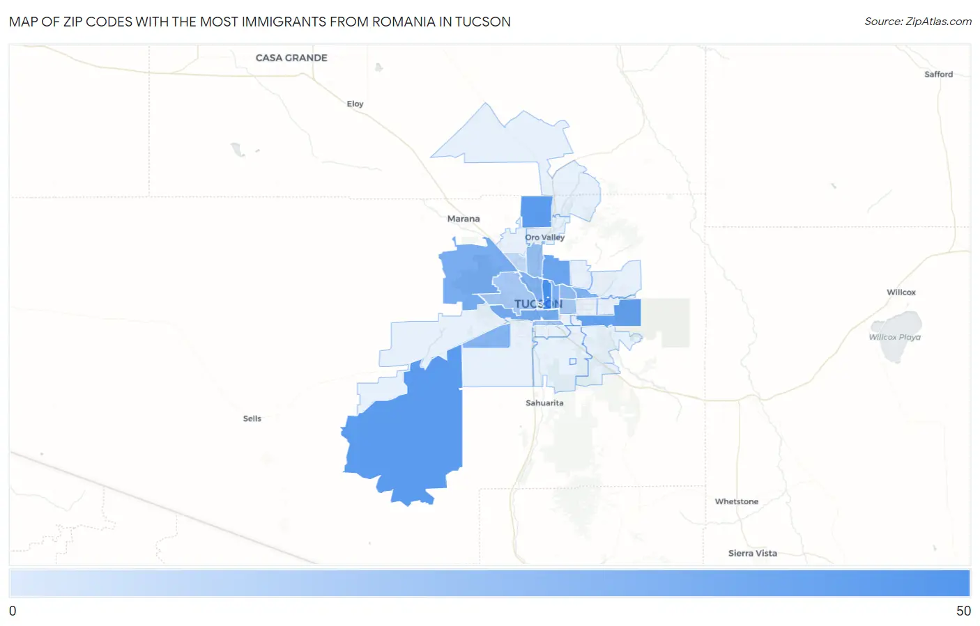 Zip Codes with the Most Immigrants from Romania in Tucson Map