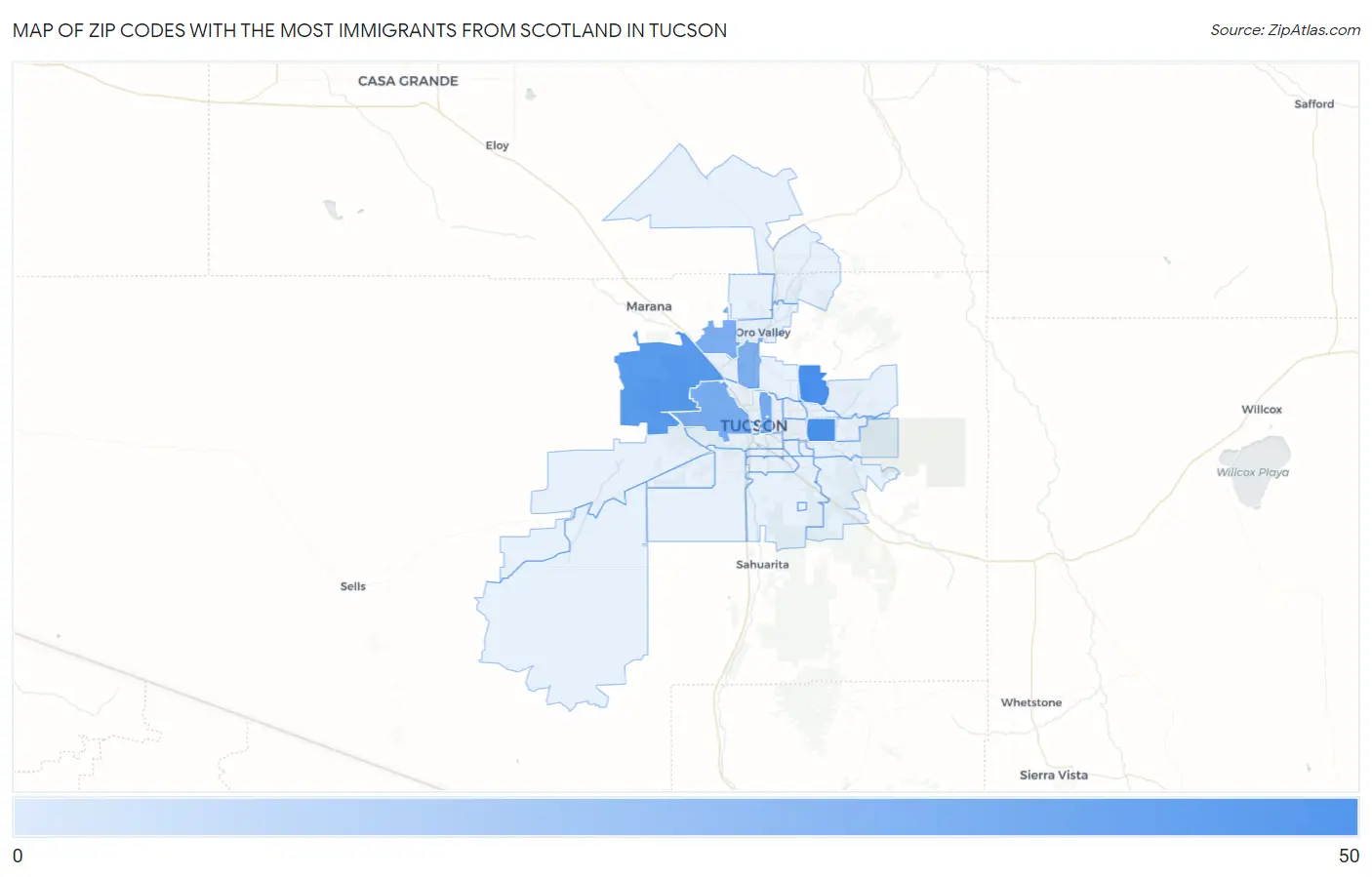 Zip Codes with the Most Immigrants from Scotland in Tucson Map