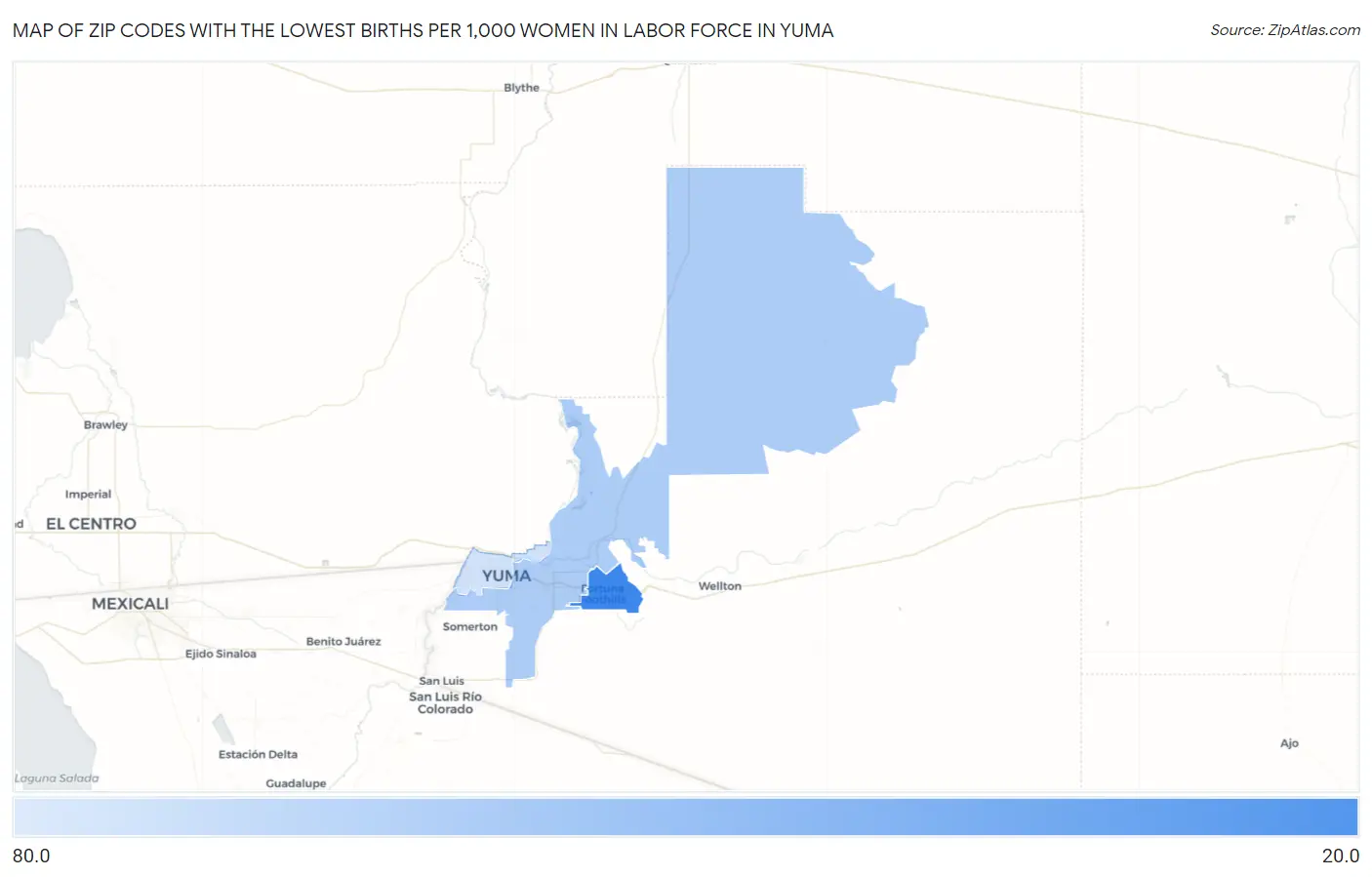 Zip Codes with the Lowest Births per 1,000 Women in Labor Force in Yuma Map
