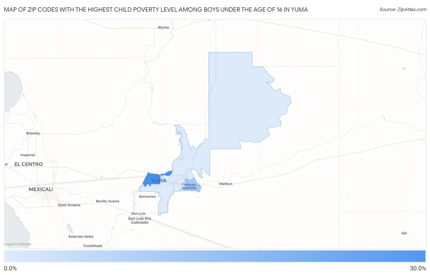 Zip Codes with the Highest Child Poverty Level Among Boys Under the Age of 16 in Yuma Map