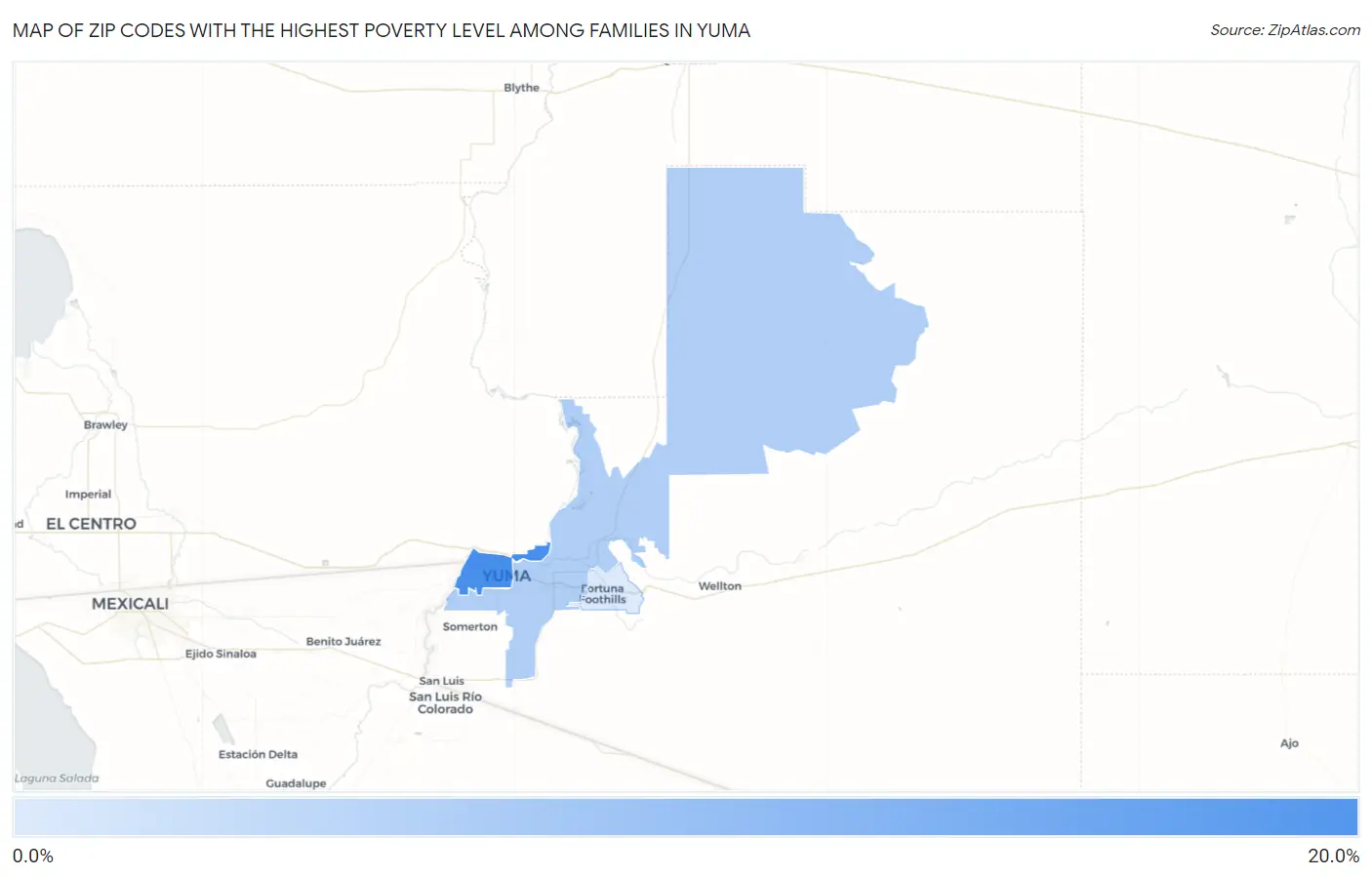 Zip Codes with the Highest Poverty Level Among Families in Yuma Map