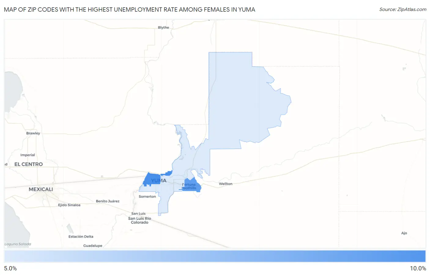Zip Codes with the Highest Unemployment Rate Among Females in Yuma Map