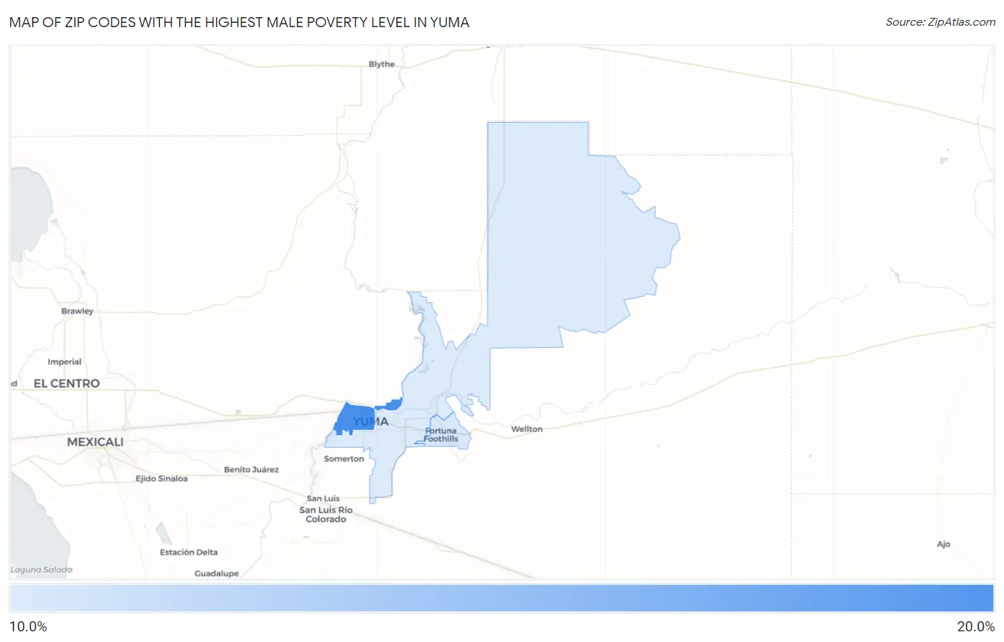 Zip Codes with the Highest Male Poverty Level in Yuma Map