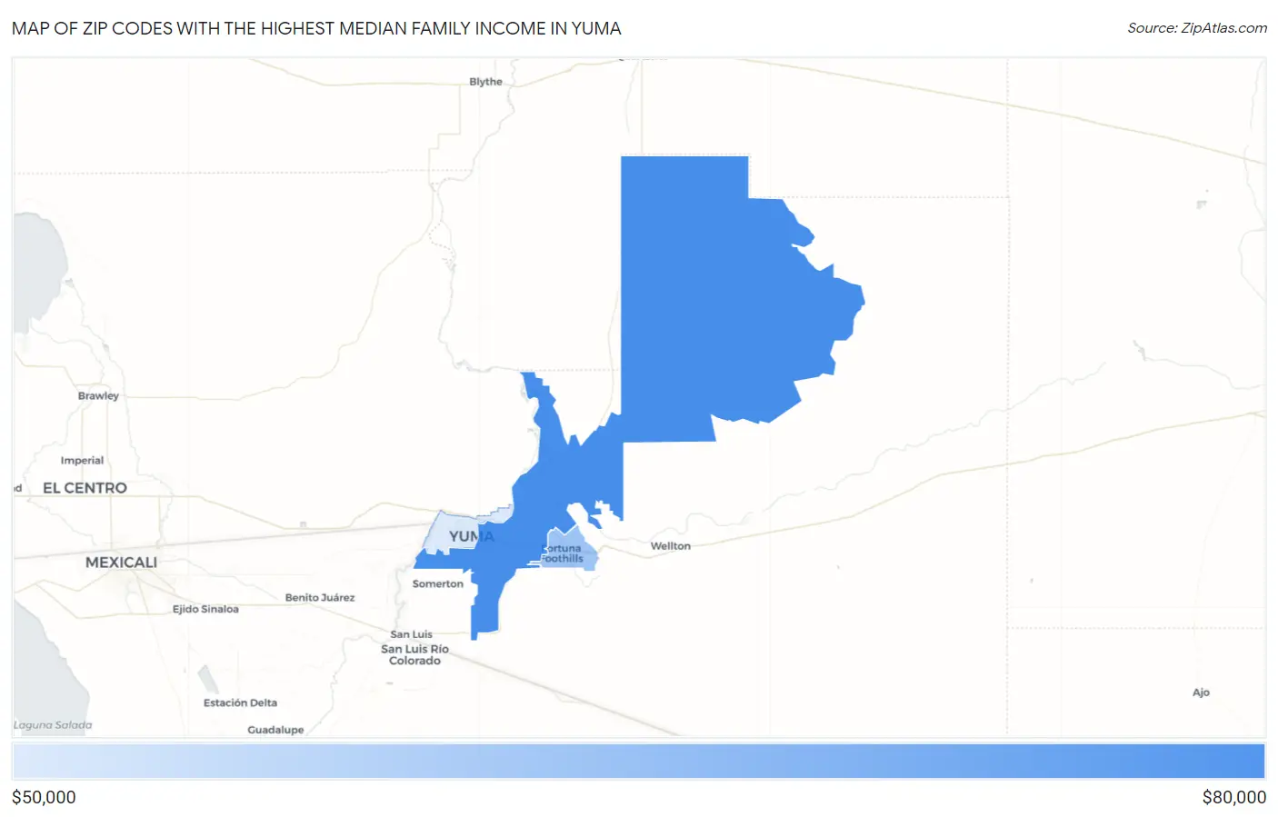Zip Codes with the Highest Median Family Income in Yuma Map