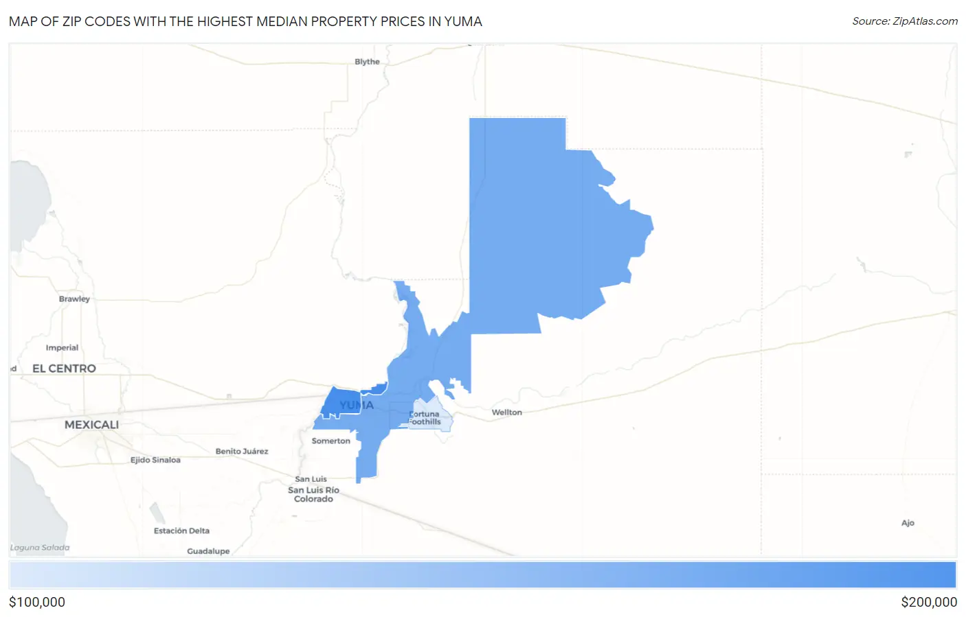 Zip Codes with the Highest Median Property Prices in Yuma Map