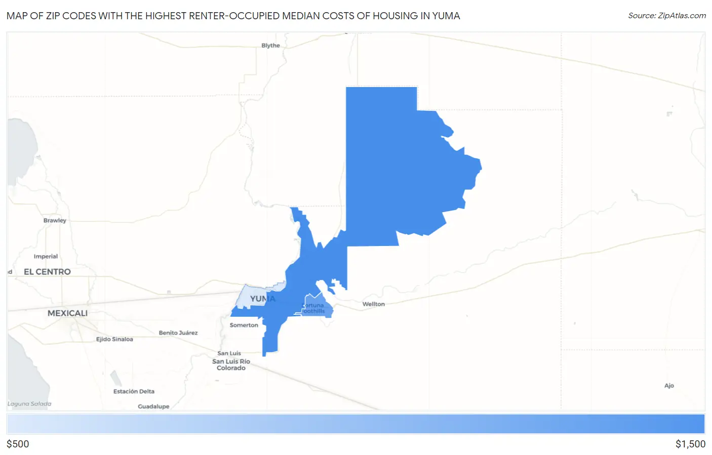 Zip Codes with the Highest Renter-Occupied Median Costs of Housing in Yuma Map