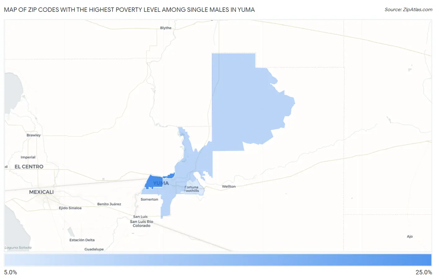 Zip Codes with the Highest Poverty Level Among Single Males in Yuma Map