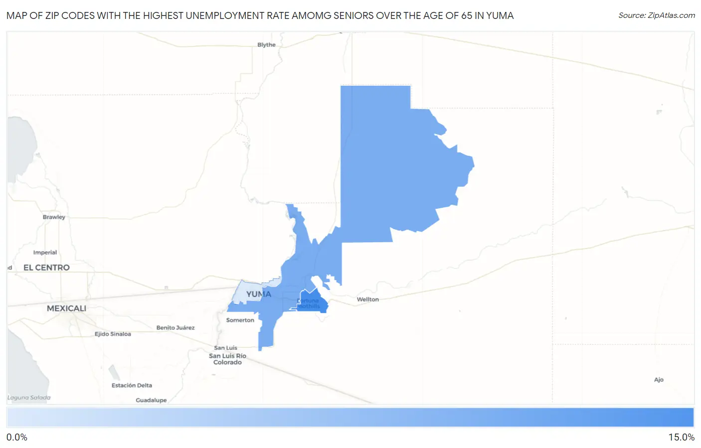 Zip Codes with the Highest Unemployment Rate Amomg Seniors Over the Age of 65 in Yuma Map