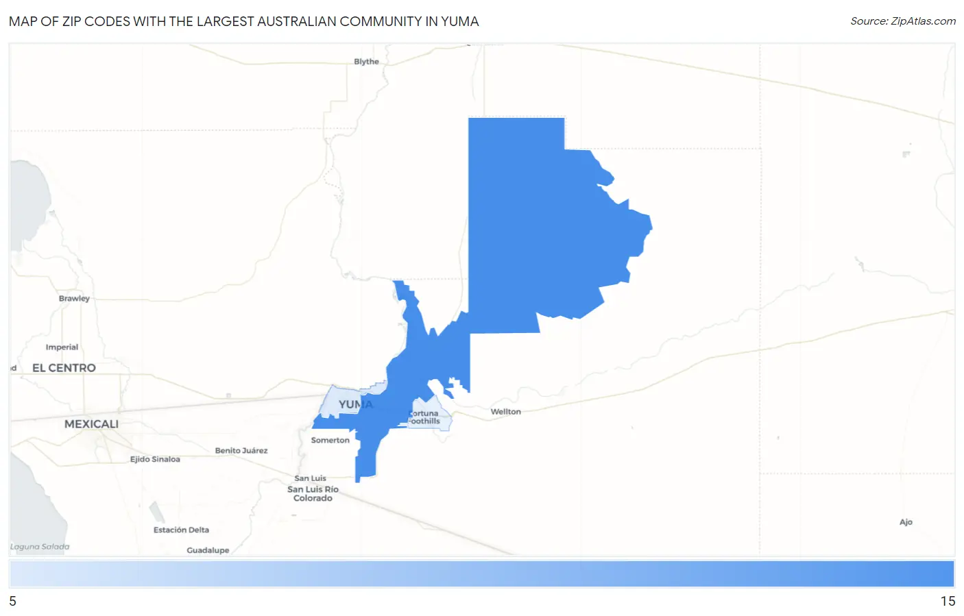 Zip Codes with the Largest Australian Community in Yuma Map