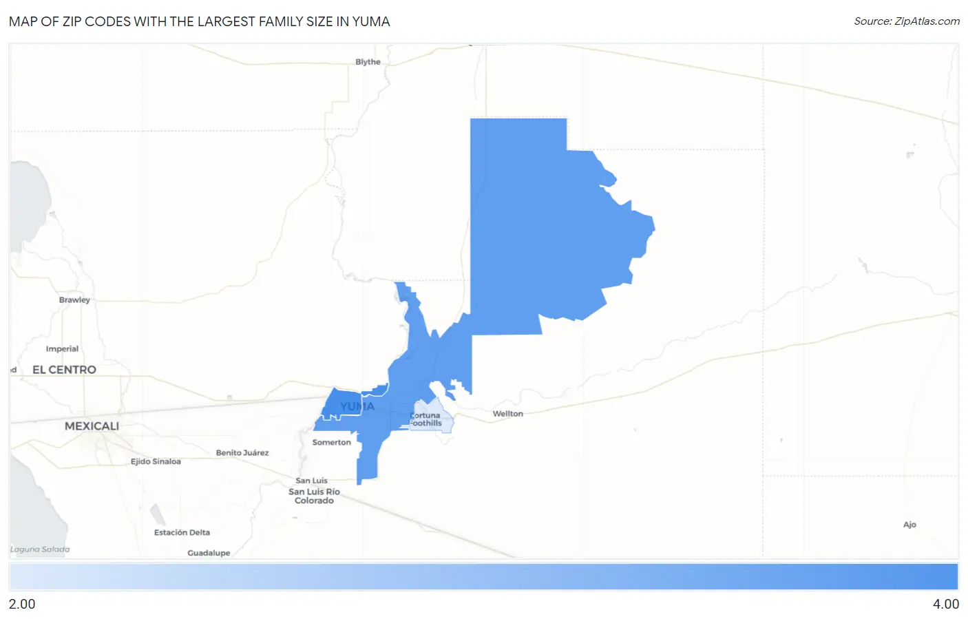Zip Codes with the Largest Family Size in Yuma Map