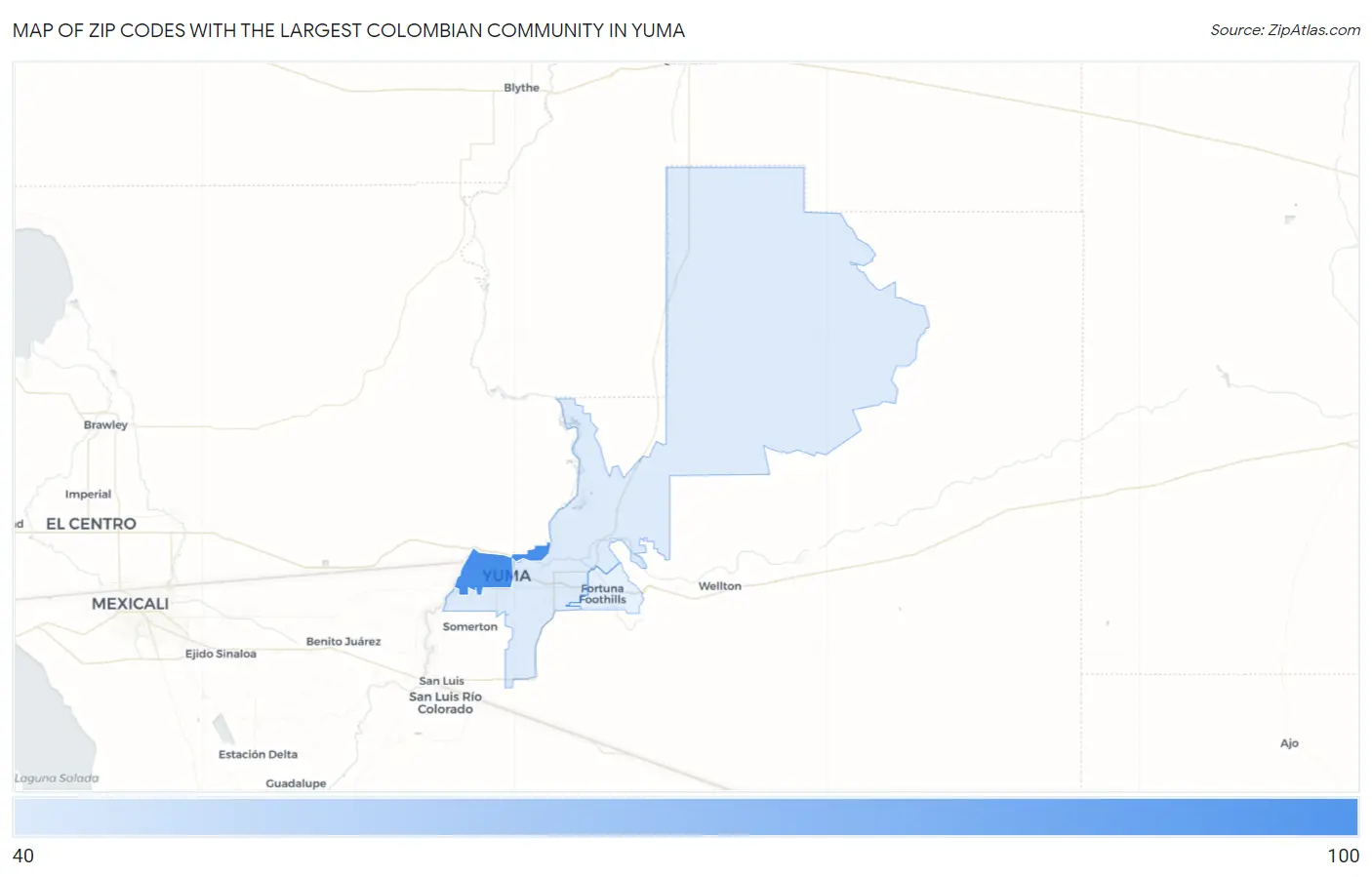 Zip Codes with the Largest Colombian Community in Yuma Map
