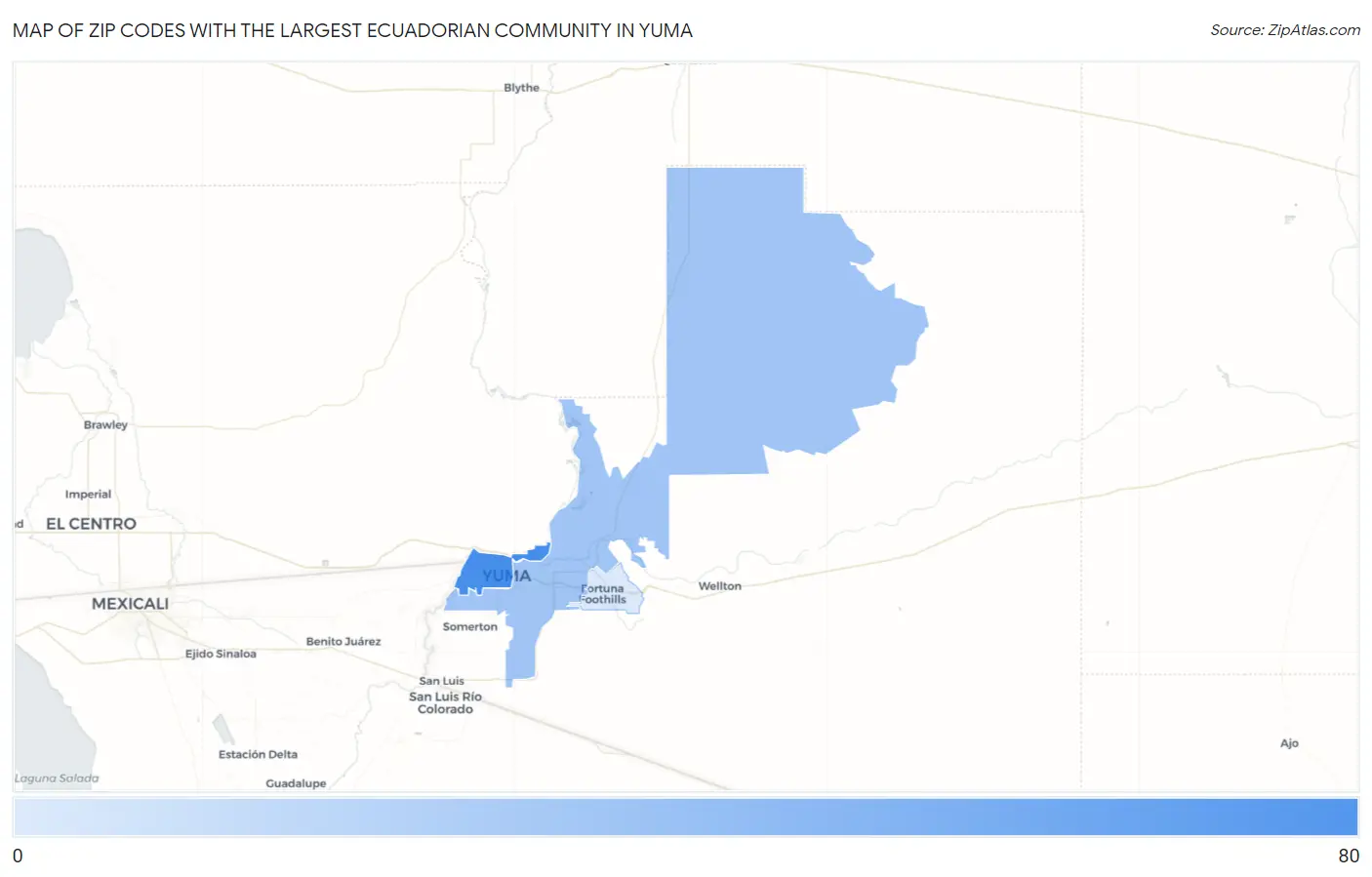 Zip Codes with the Largest Ecuadorian Community in Yuma Map