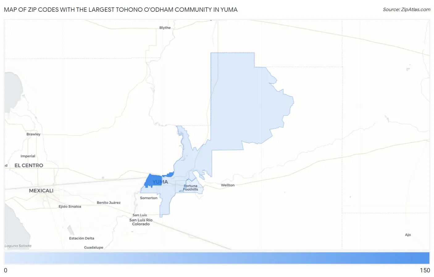 Zip Codes with the Largest Tohono O'Odham Community in Yuma Map