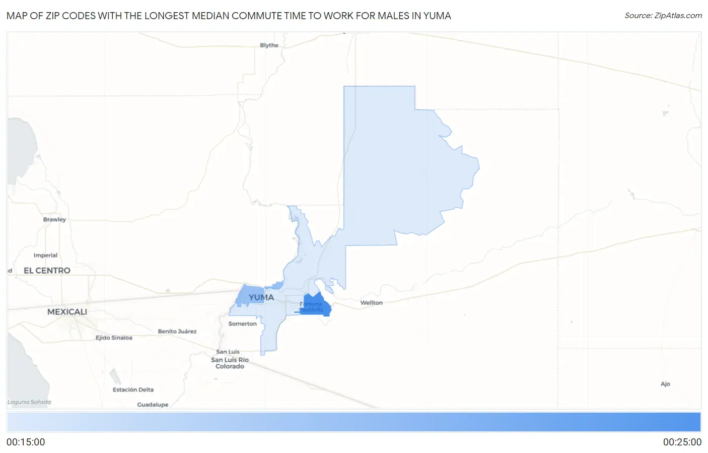 Zip Codes with the Longest Median Commute Time to Work for Males in Yuma Map