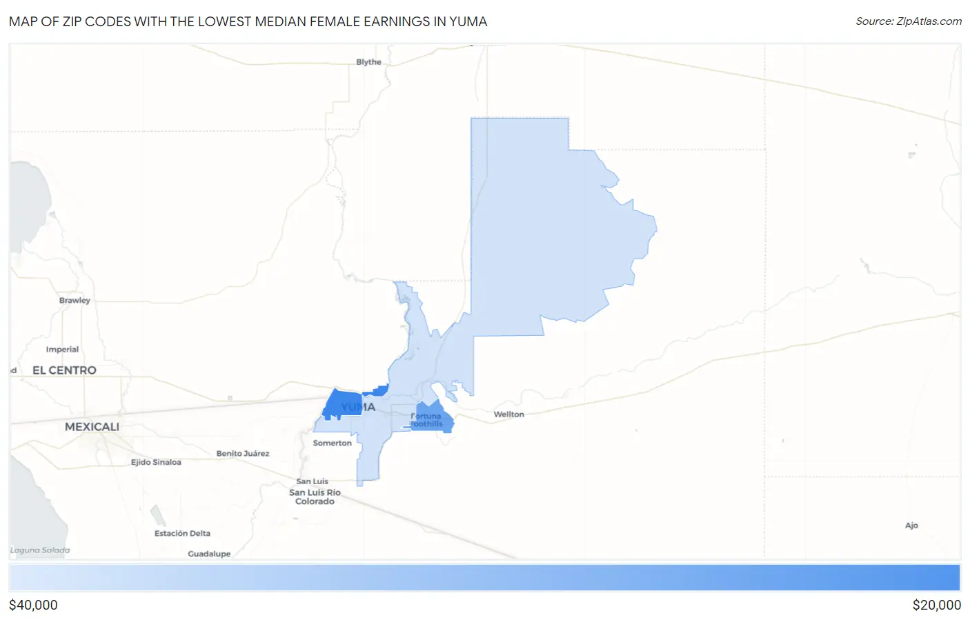 Zip Codes with the Lowest Median Female Earnings in Yuma Map