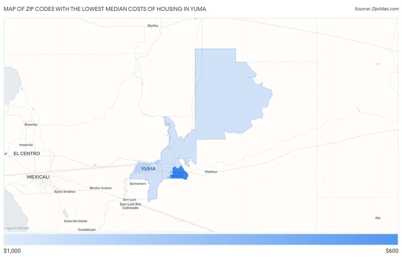 Zip Codes with the Lowest Median Costs of Housing in Yuma Map