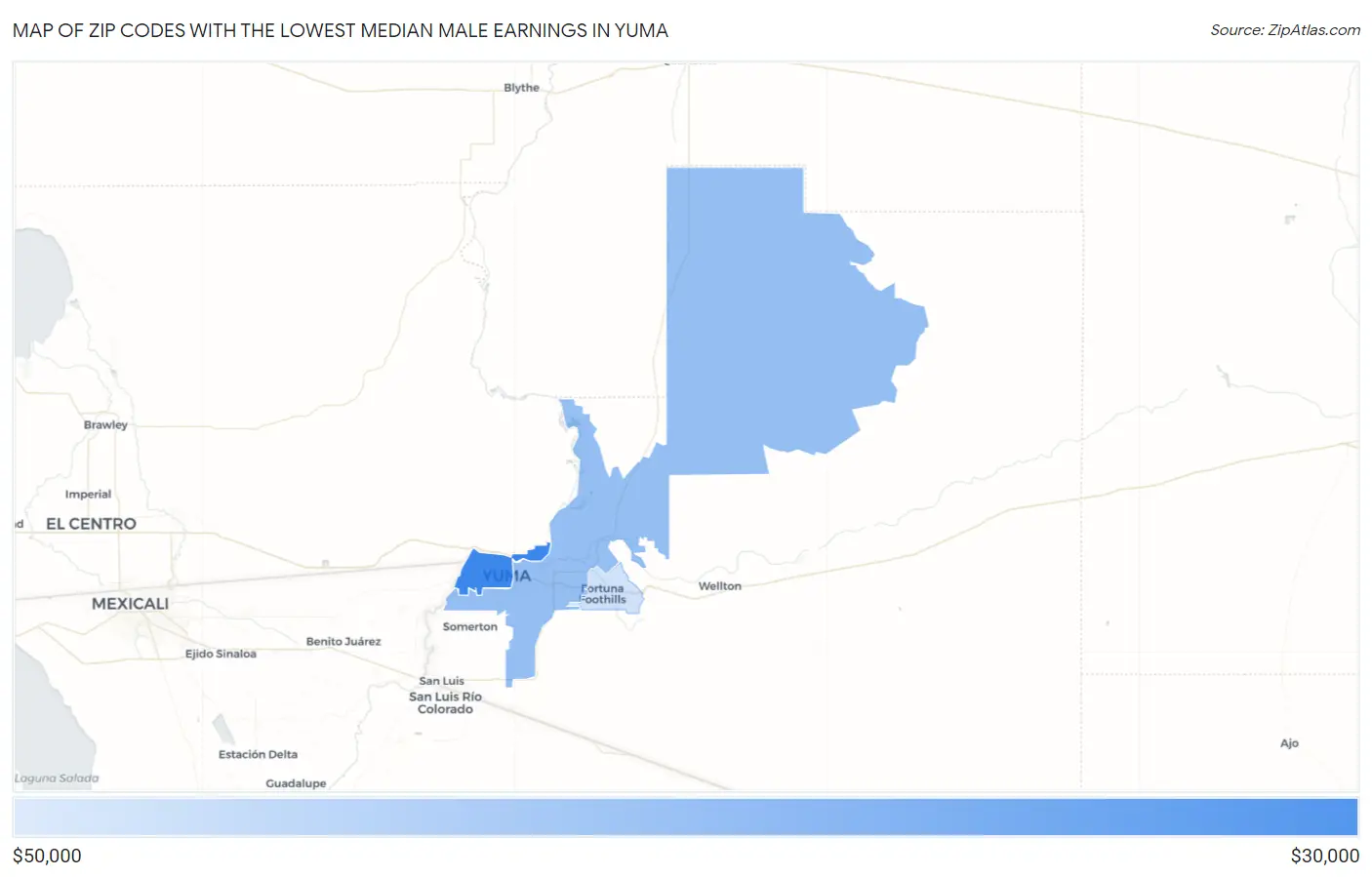 Zip Codes with the Lowest Median Male Earnings in Yuma Map