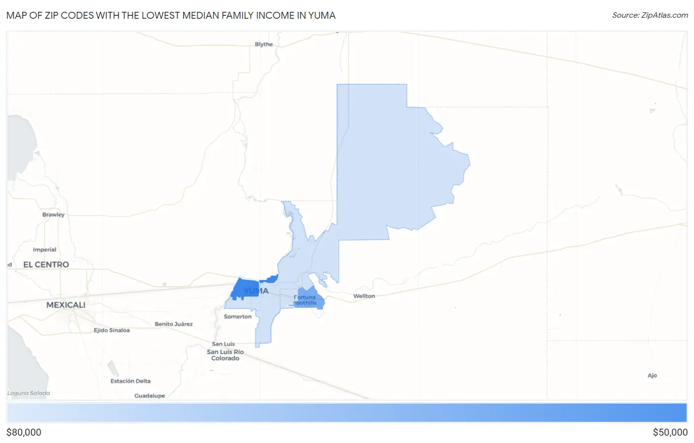 Zip Codes with the Lowest Median Family Income in Yuma Map