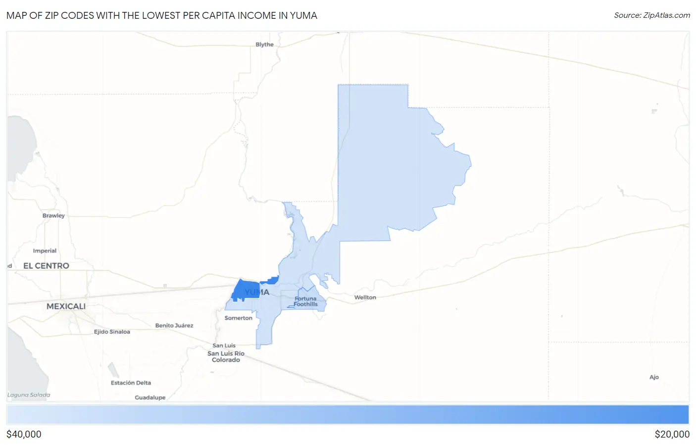 Zip Codes with the Lowest Per Capita Income in Yuma Map
