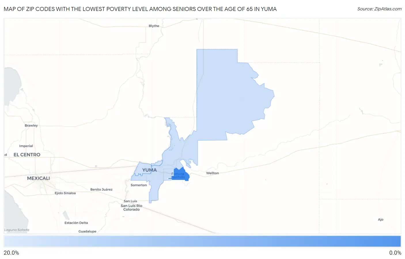 Zip Codes with the Lowest Poverty Level Among Seniors Over the Age of 65 in Yuma Map