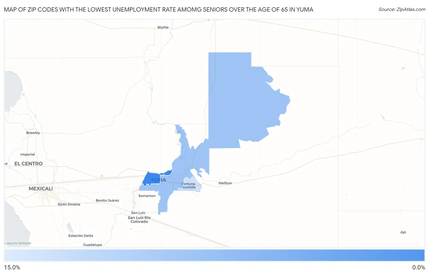 Zip Codes with the Lowest Unemployment Rate Amomg Seniors Over the Age of 65 in Yuma Map