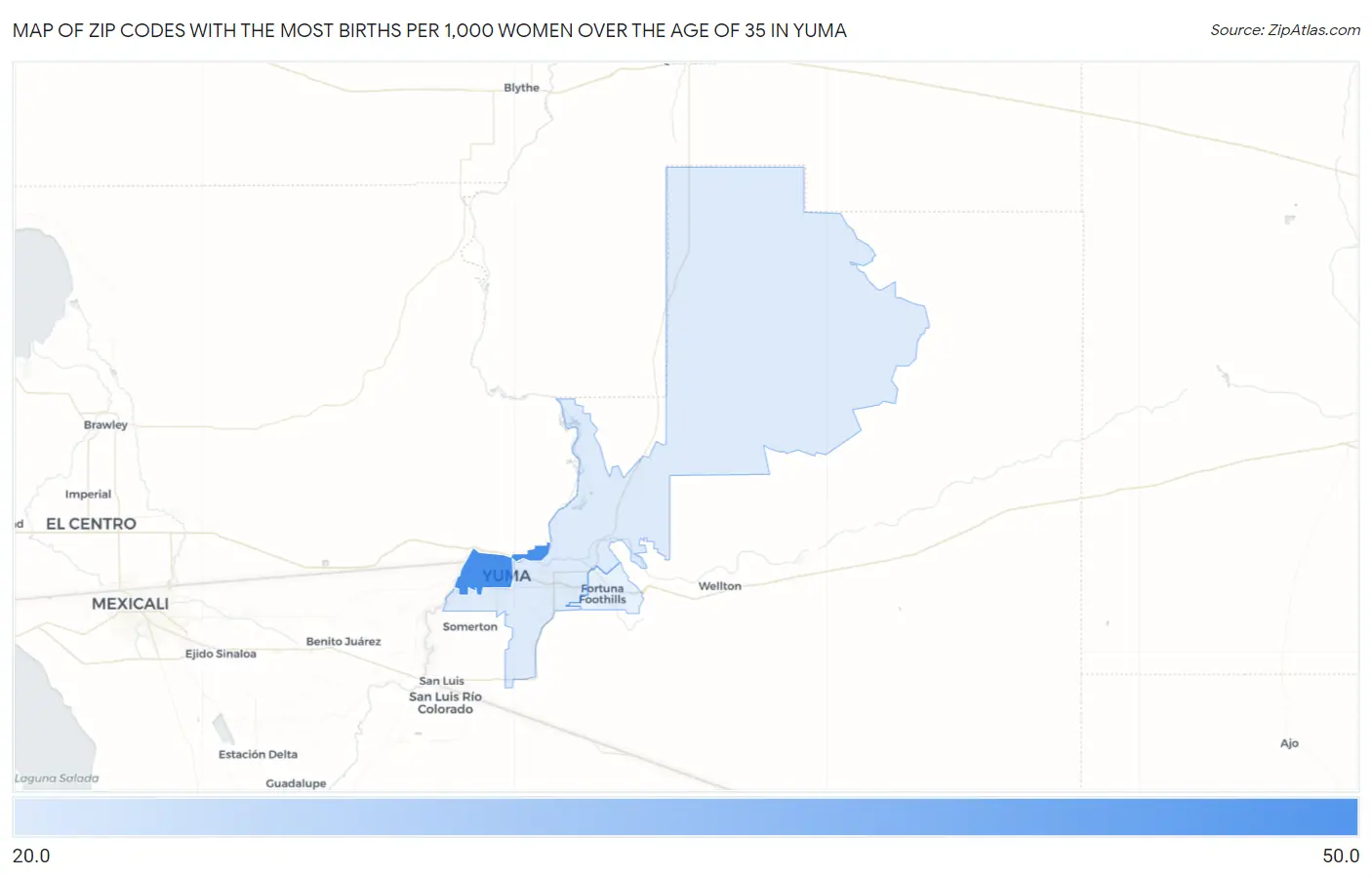 Zip Codes with the Most Births per 1,000 Women Over the Age of 35 in Yuma Map