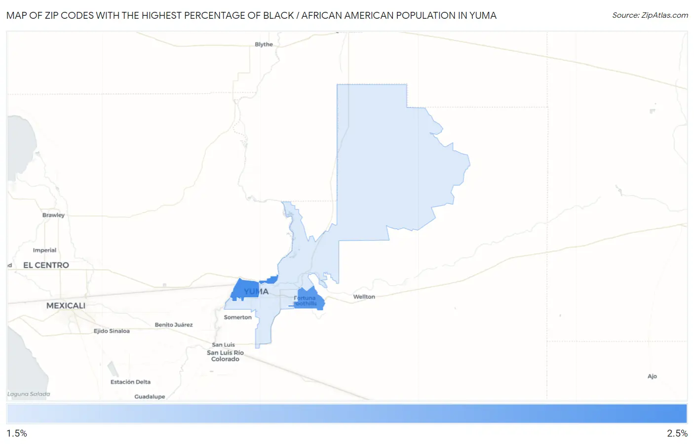 Zip Codes with the Highest Percentage of Black / African American Population in Yuma Map