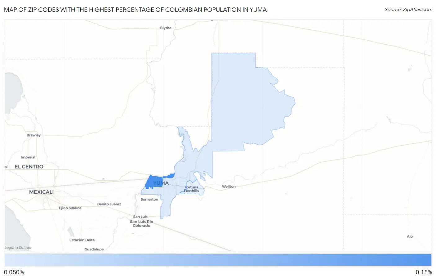 Zip Codes with the Highest Percentage of Colombian Population in Yuma Map
