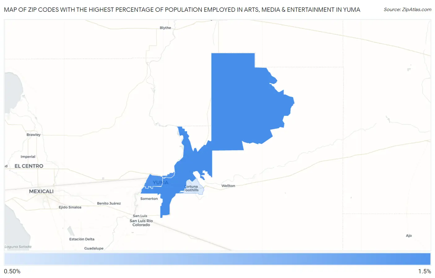 Zip Codes with the Highest Percentage of Population Employed in Arts, Media & Entertainment in Yuma Map
