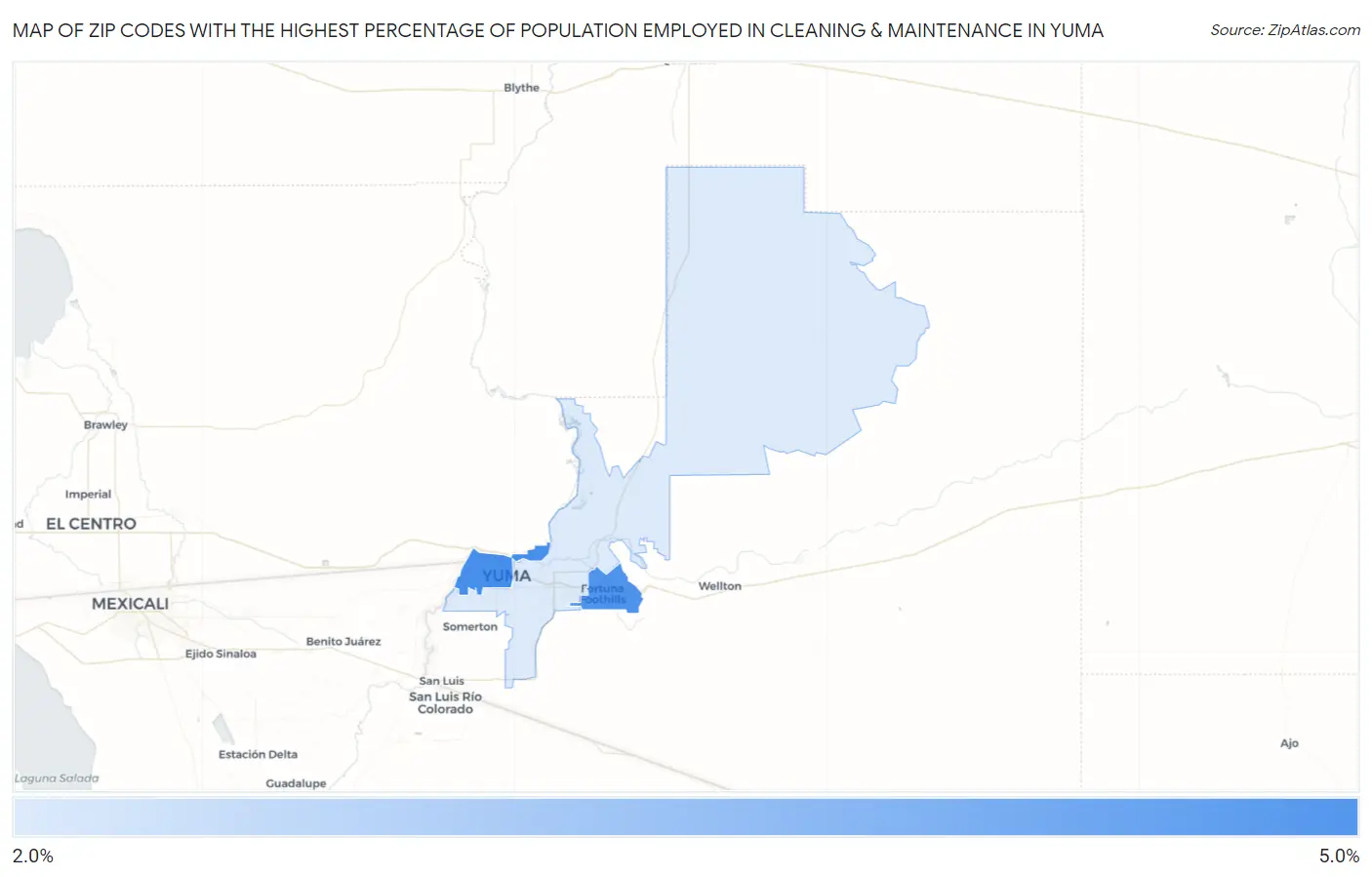 Zip Codes with the Highest Percentage of Population Employed in Cleaning & Maintenance in Yuma Map
