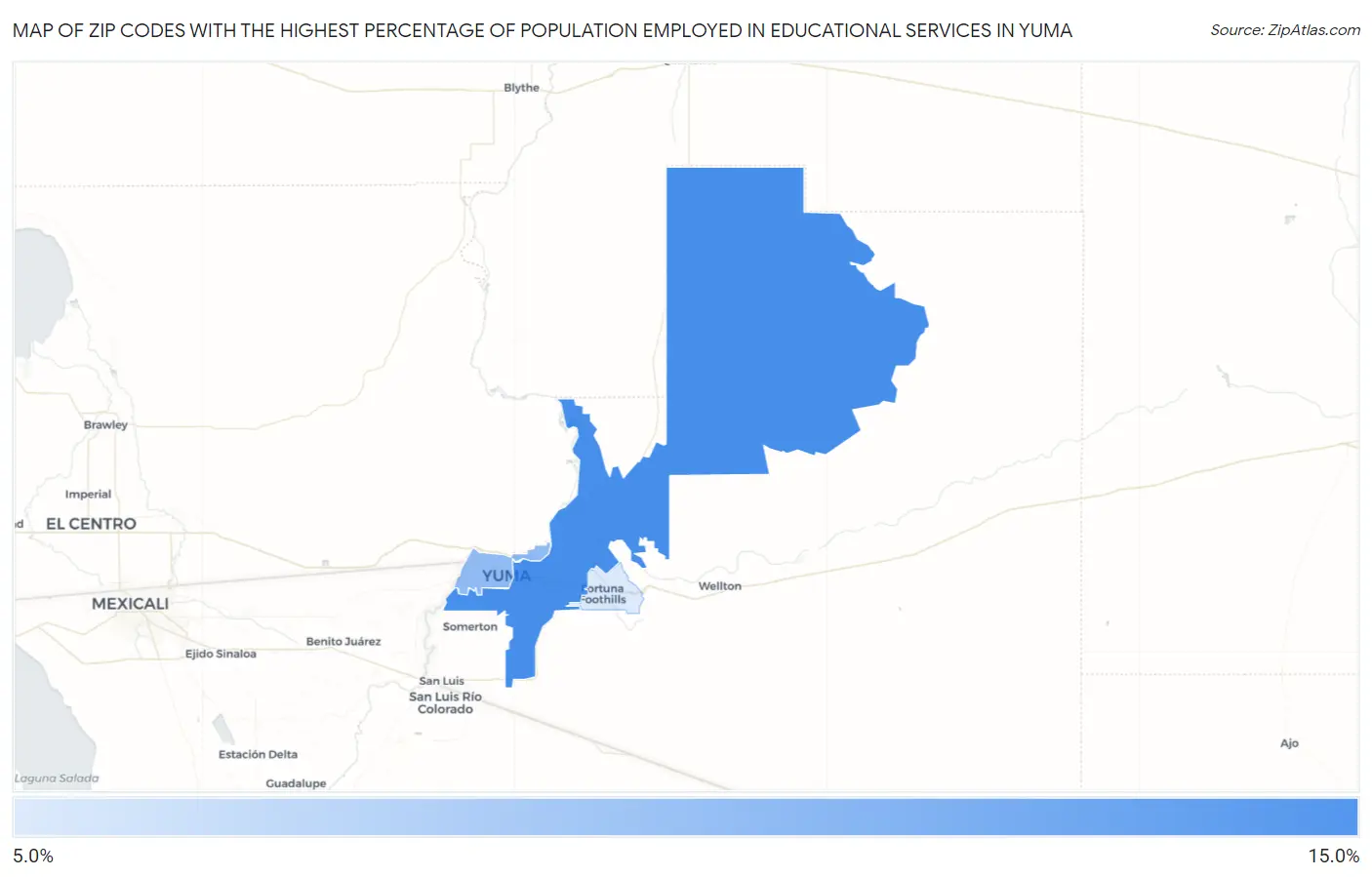 Zip Codes with the Highest Percentage of Population Employed in Educational Services in Yuma Map