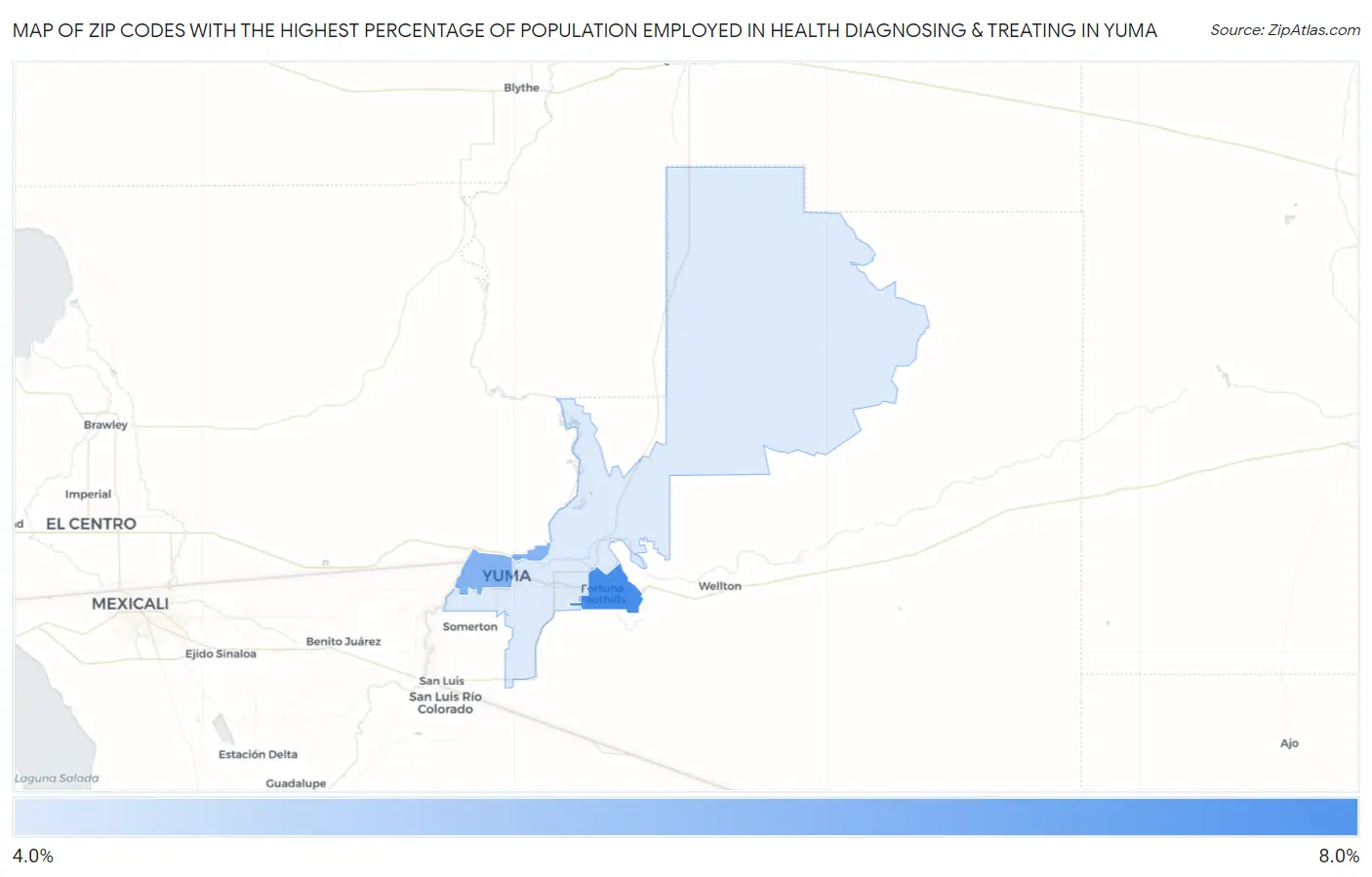 Zip Codes with the Highest Percentage of Population Employed in Health Diagnosing & Treating in Yuma Map