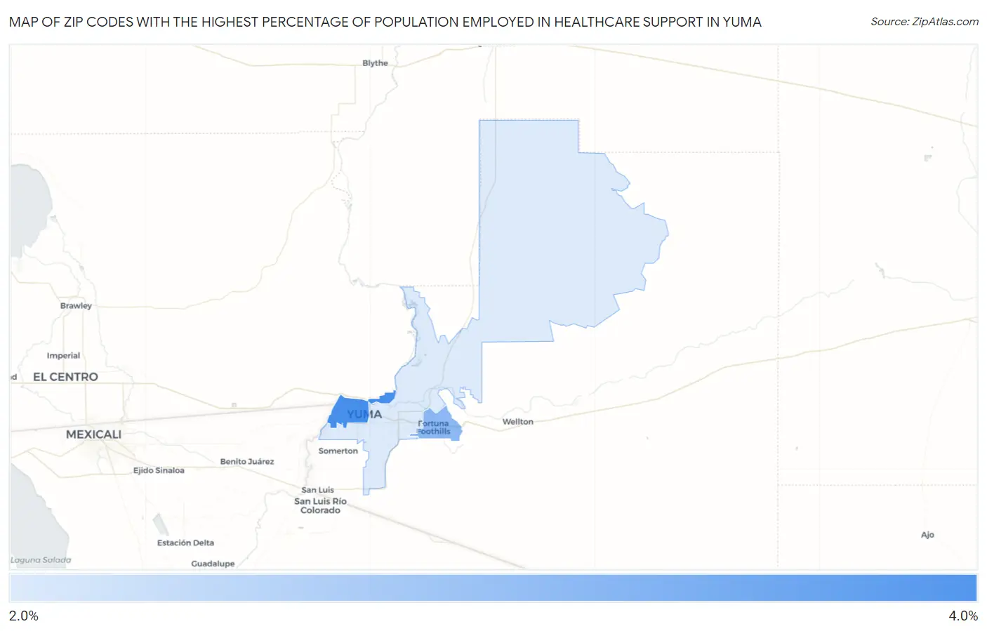 Zip Codes with the Highest Percentage of Population Employed in Healthcare Support in Yuma Map