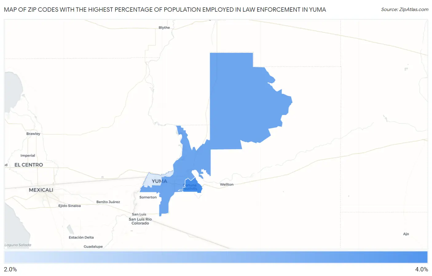 Zip Codes with the Highest Percentage of Population Employed in Law Enforcement in Yuma Map