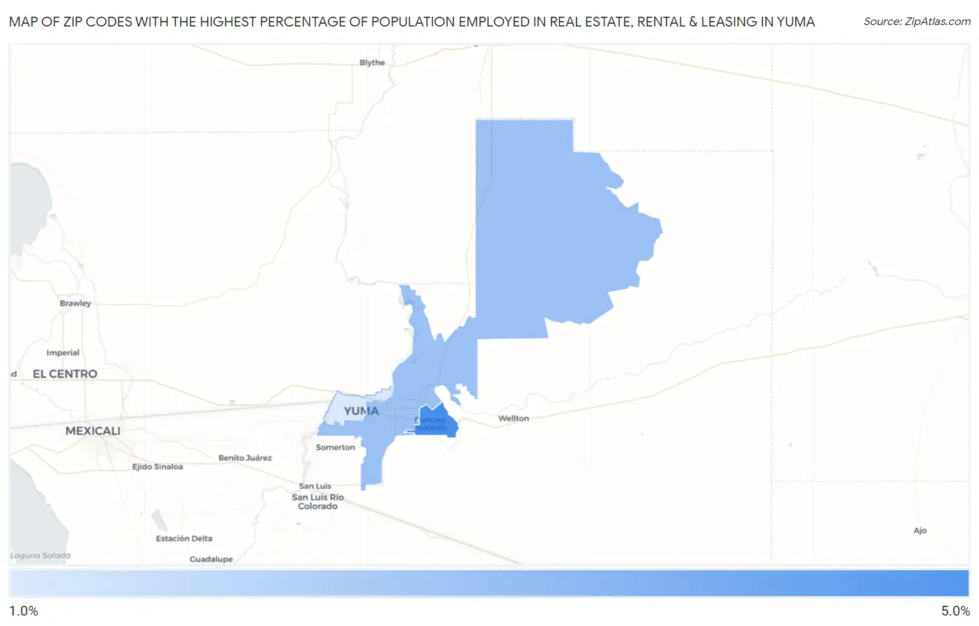 Zip Codes with the Highest Percentage of Population Employed in Real Estate, Rental & Leasing in Yuma Map