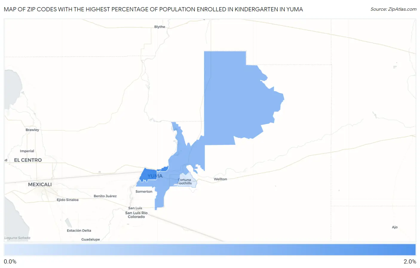 Zip Codes with the Highest Percentage of Population Enrolled in Kindergarten in Yuma Map