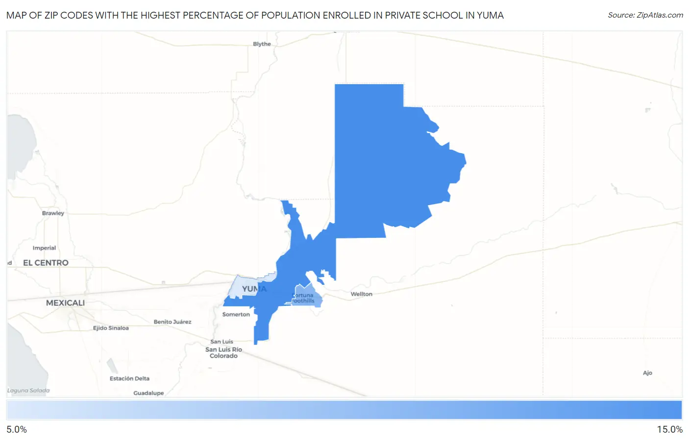 Zip Codes with the Highest Percentage of Population Enrolled in Private School in Yuma Map