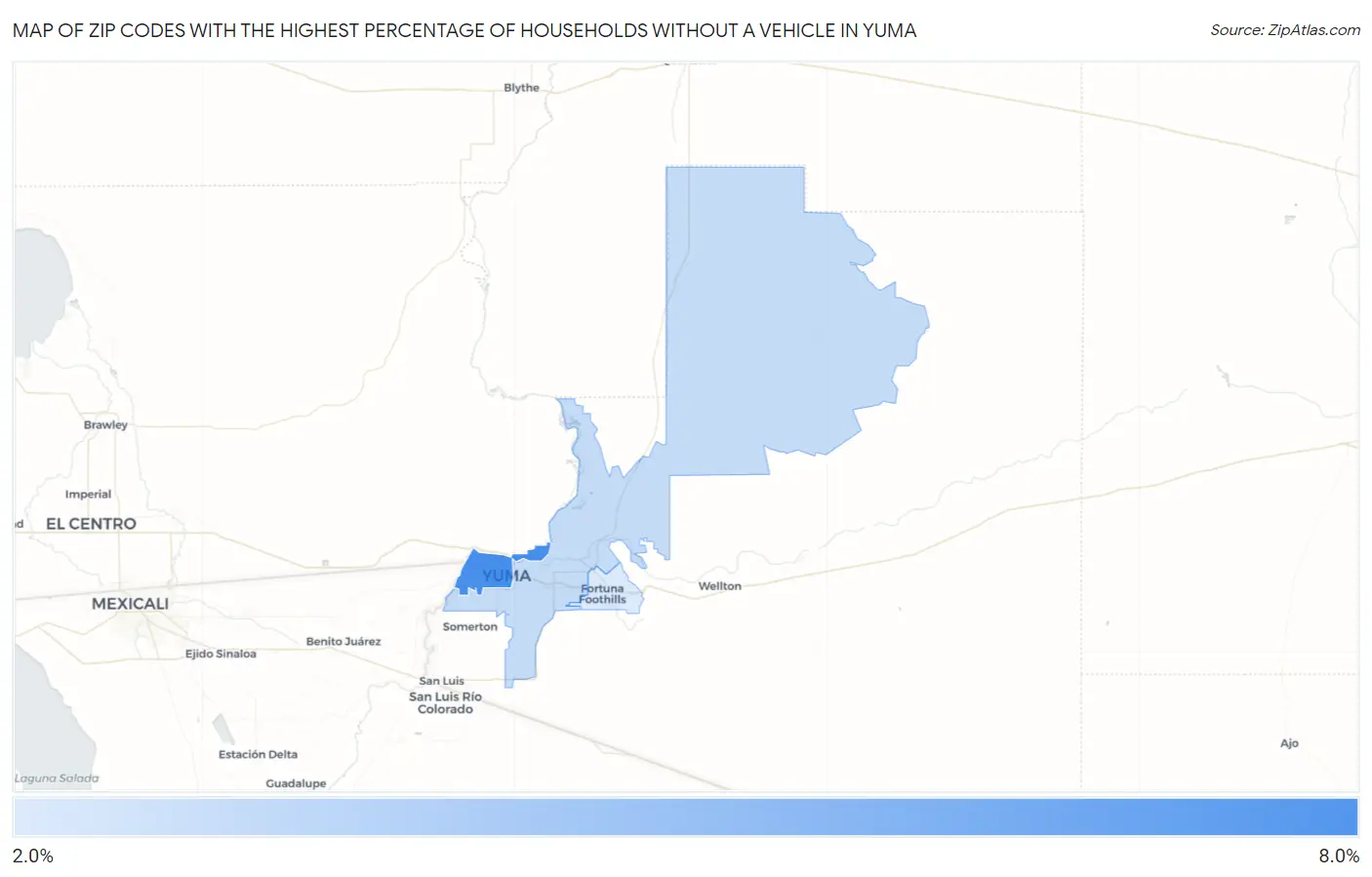 Zip Codes with the Highest Percentage of Households Without a Vehicle in Yuma Map